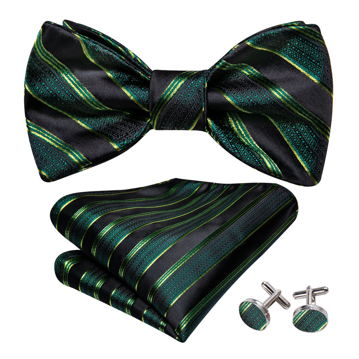 Green Black Striped Bow Tie Set bow ties - Sophisticated Gentlemen