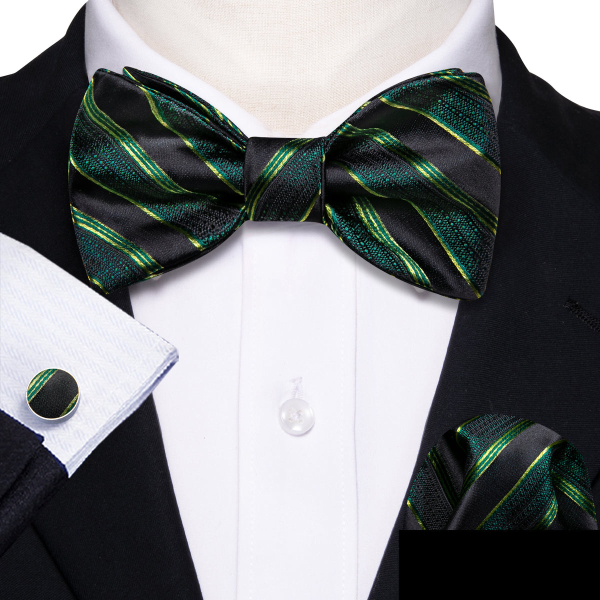 Green Black Striped Bow Tie Set bow ties - Sophisticated Gentlemen
