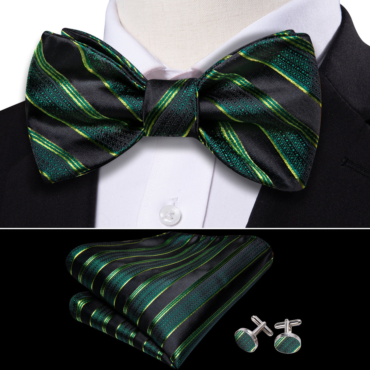 Green Black Striped Bow Tie Set bow ties - Sophisticated Gentlemen