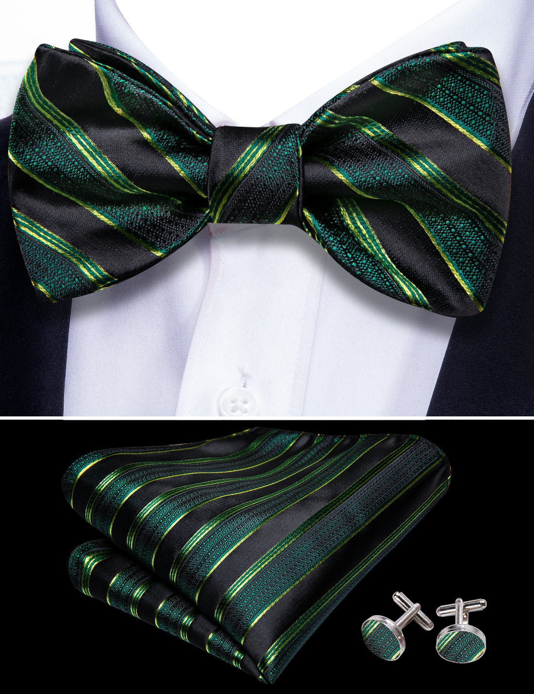 Green Black Striped Bow Tie Set bow ties - Sophisticated Gentlemen