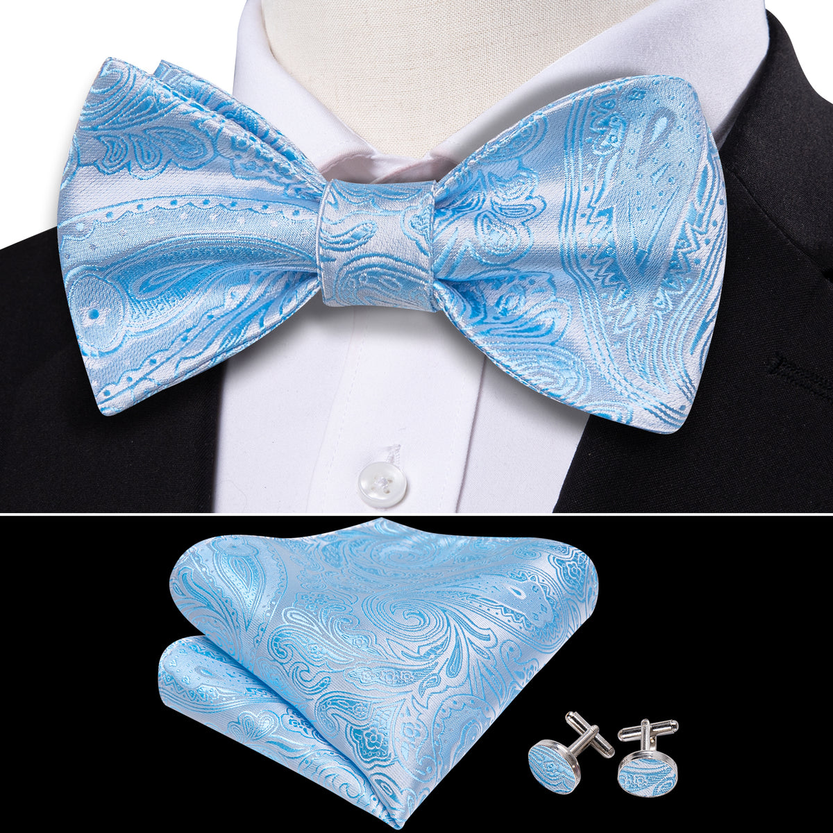 Blue White Paisley Bow Tie Set bow ties - Sophisticated Gentlemen
