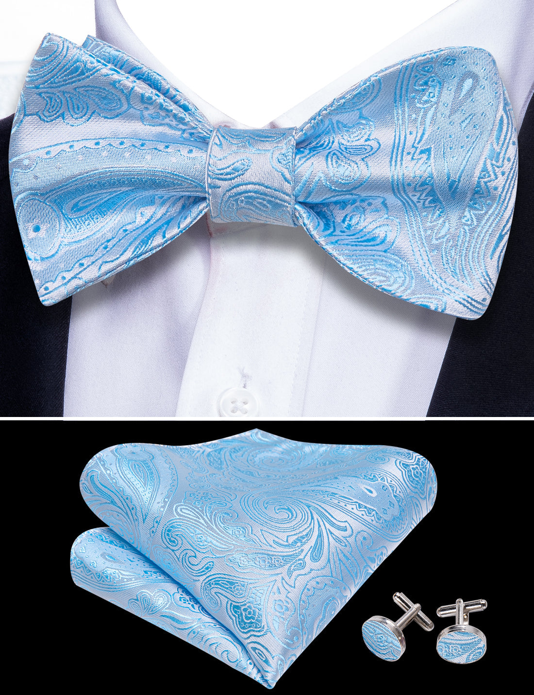 Blue White Paisley Bow Tie Set bow ties - Sophisticated Gentlemen