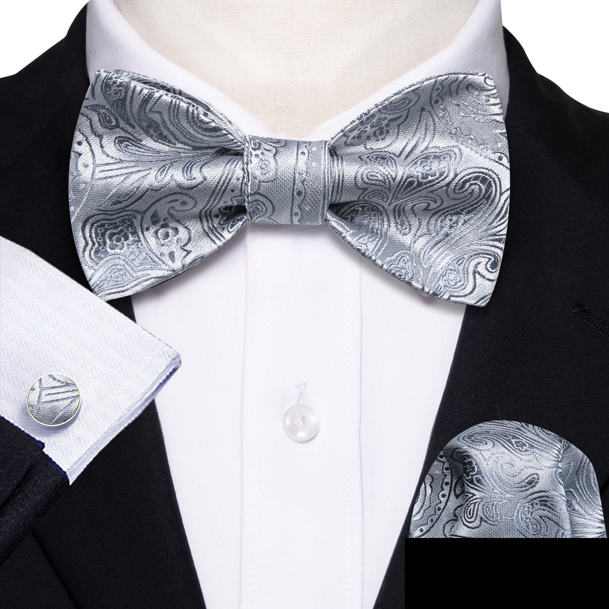 Silver Paisley Bow Tie Set bow ties - Sophisticated Gentlemen