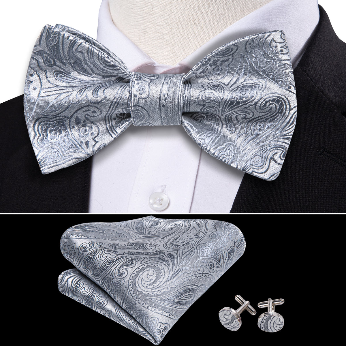 Silver Paisley Bow Tie Set bow ties - Sophisticated Gentlemen