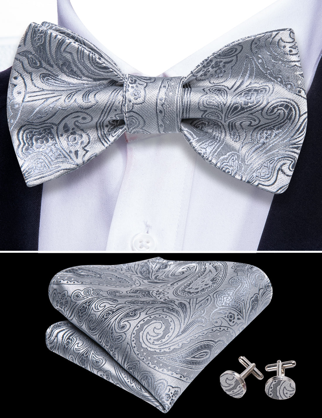 Silver Paisley Bow Tie Set bow ties - Sophisticated Gentlemen