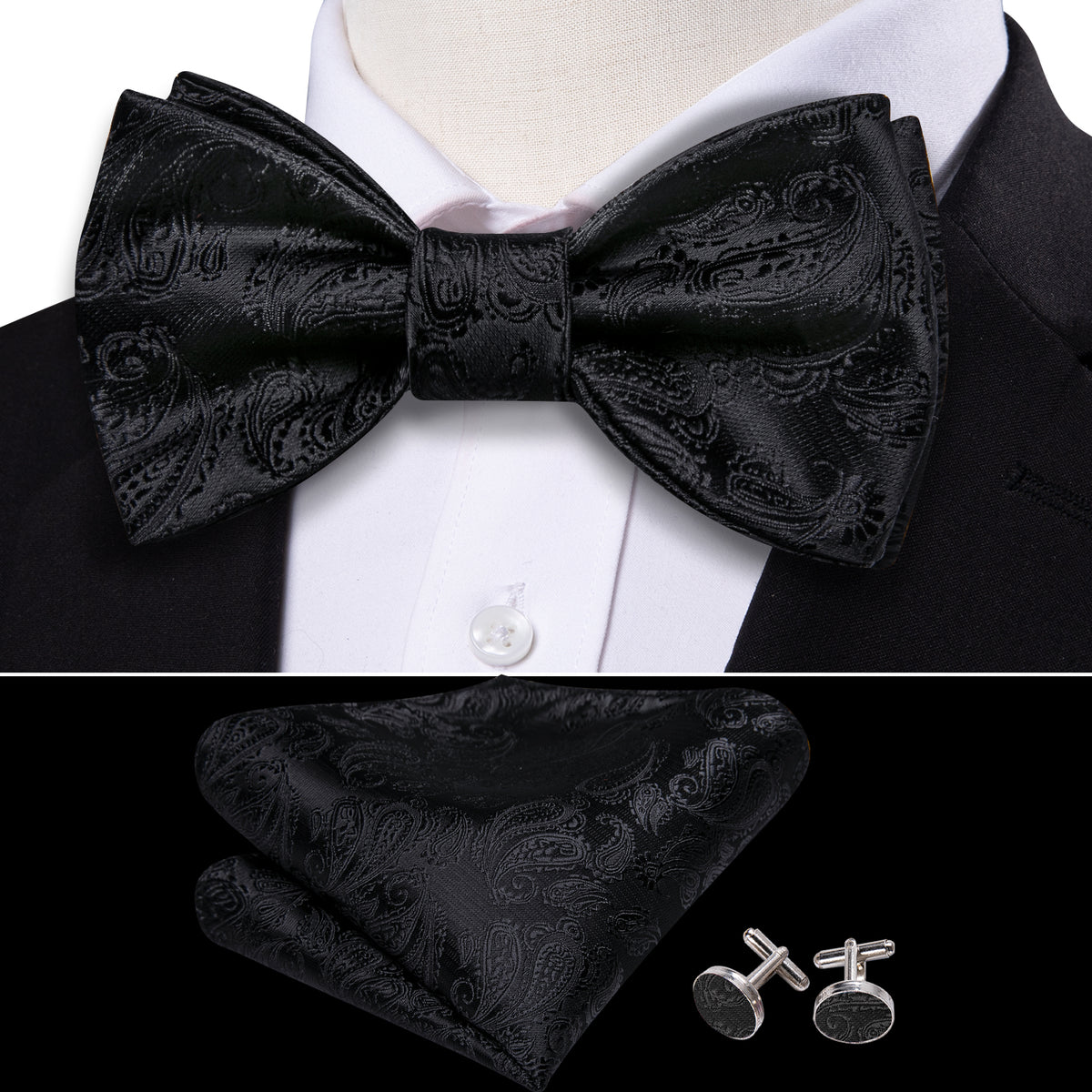 Luxury Black Paisley Bow Tie Set bow ties - Sophisticated Gentlemen