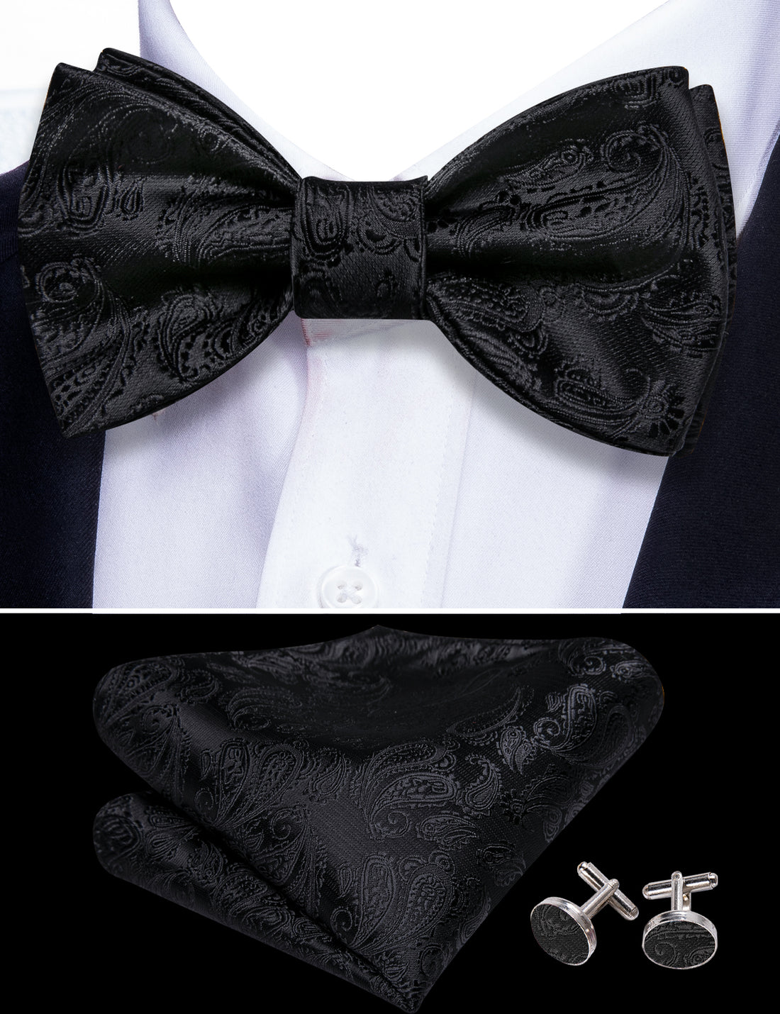 Luxury Black Paisley Bow Tie Set bow ties - Sophisticated Gentlemen