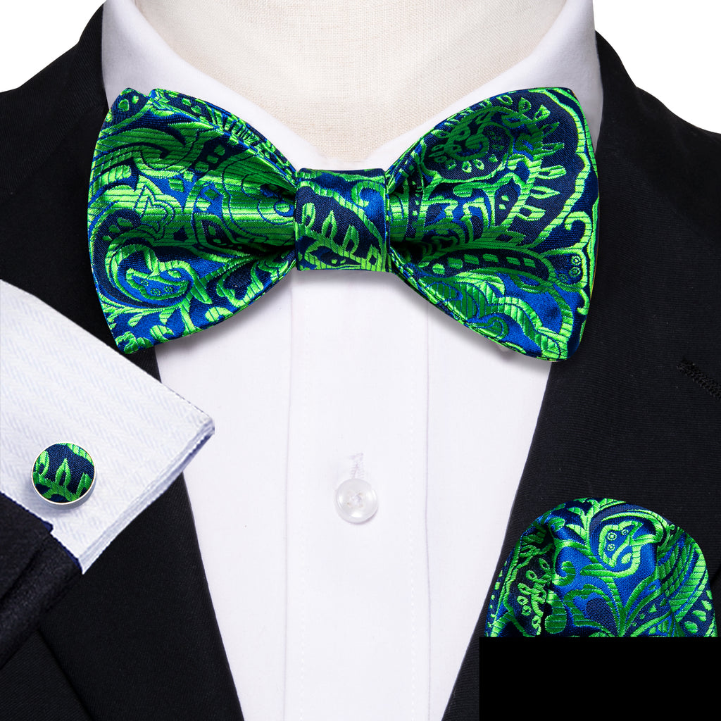 Green Navy Floral Paisley Bow Tie Set bow ties - Sophisticated Gentlemen
