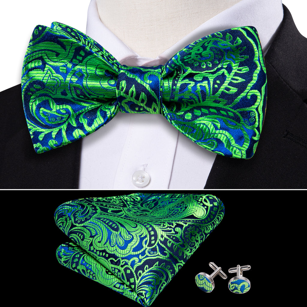 Green Navy Floral Paisley Bow Tie Set bow ties - Sophisticated Gentlemen