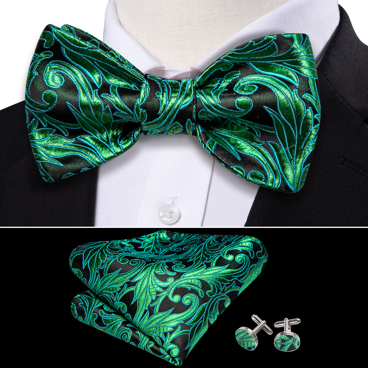 Fashion Green Paisley Bow Tie Set bow ties - Sophisticated Gentlemen