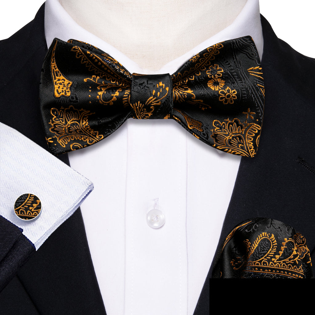 Black and Gold Paisley Bow Tie Set bow ties - Sophisticated Gentlemen