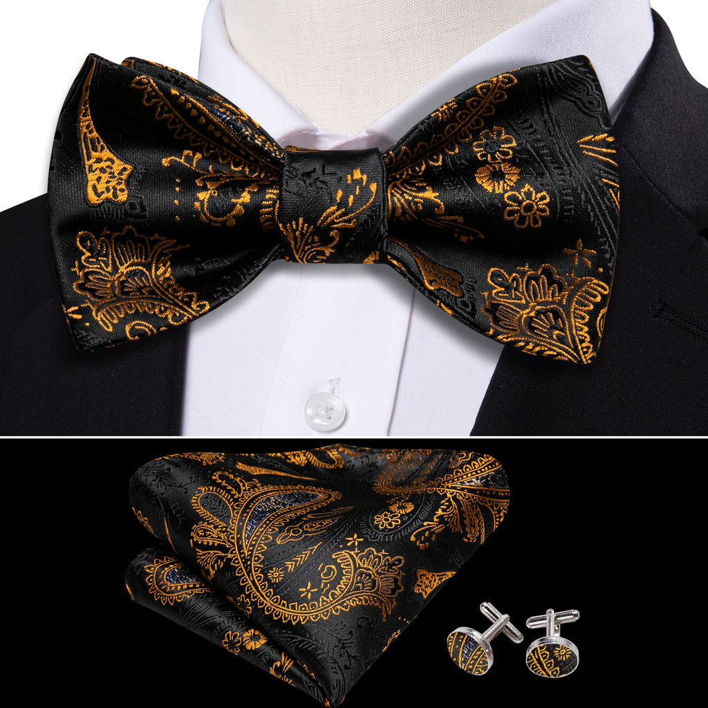 Black and Gold Paisley Bow Tie Set bow ties - Sophisticated Gentlemen