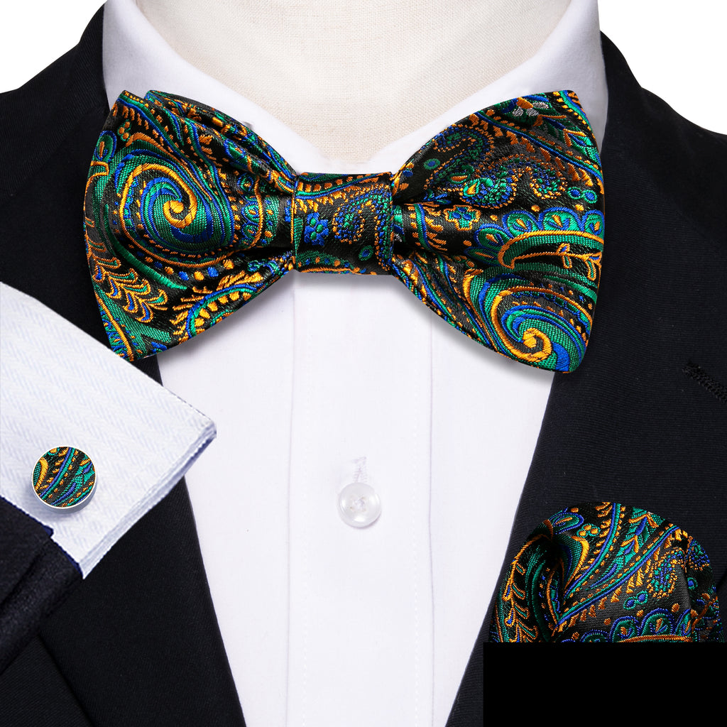 Blue Teal Orange Paisley Bow Tie Set bow ties - Sophisticated Gentlemen