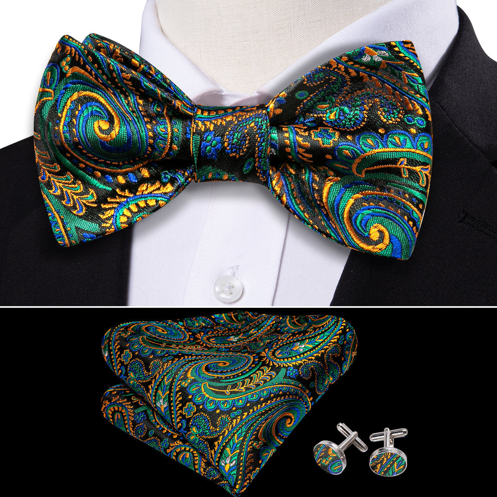 Blue Teal Orange Paisley Bow Tie Set bow ties - Sophisticated Gentlemen