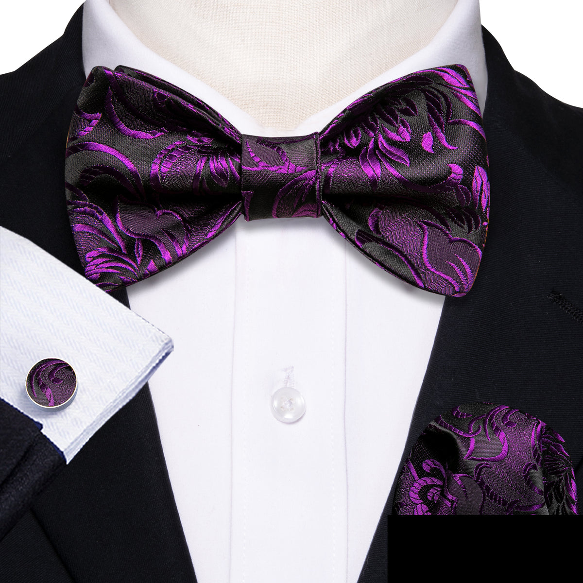 Black Purple Floral Bow Tie Set bow ties - Sophisticated Gentlemen