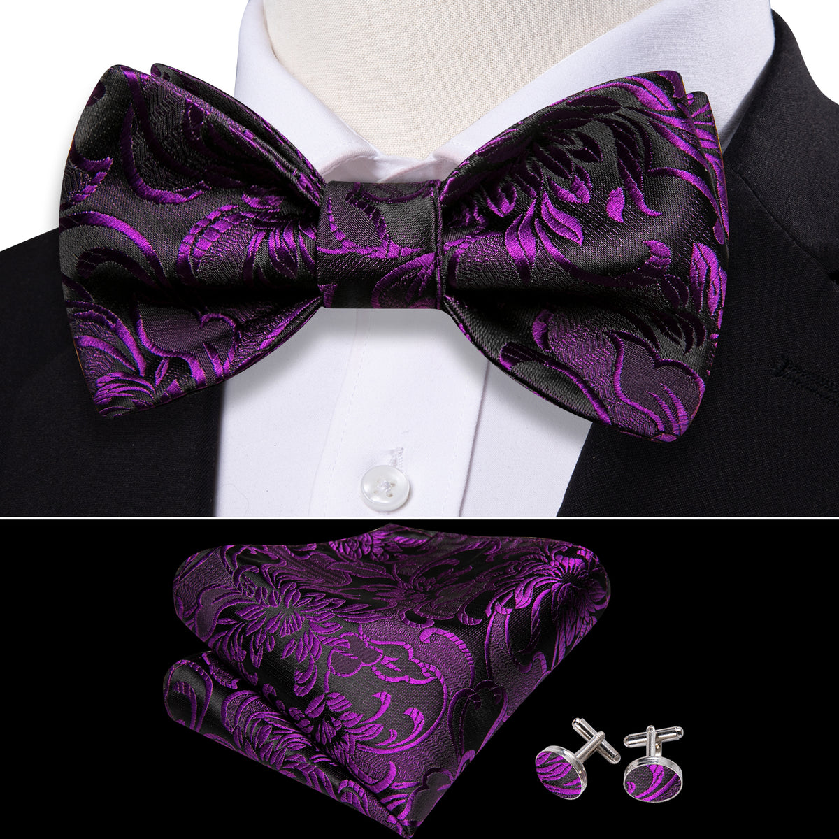 Black Purple Floral Bow Tie Set bow ties - Sophisticated Gentlemen