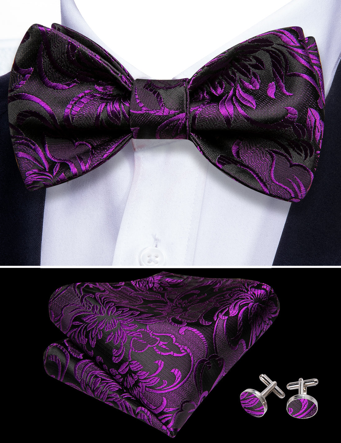 Black Purple Floral Bow Tie Set bow ties - Sophisticated Gentlemen