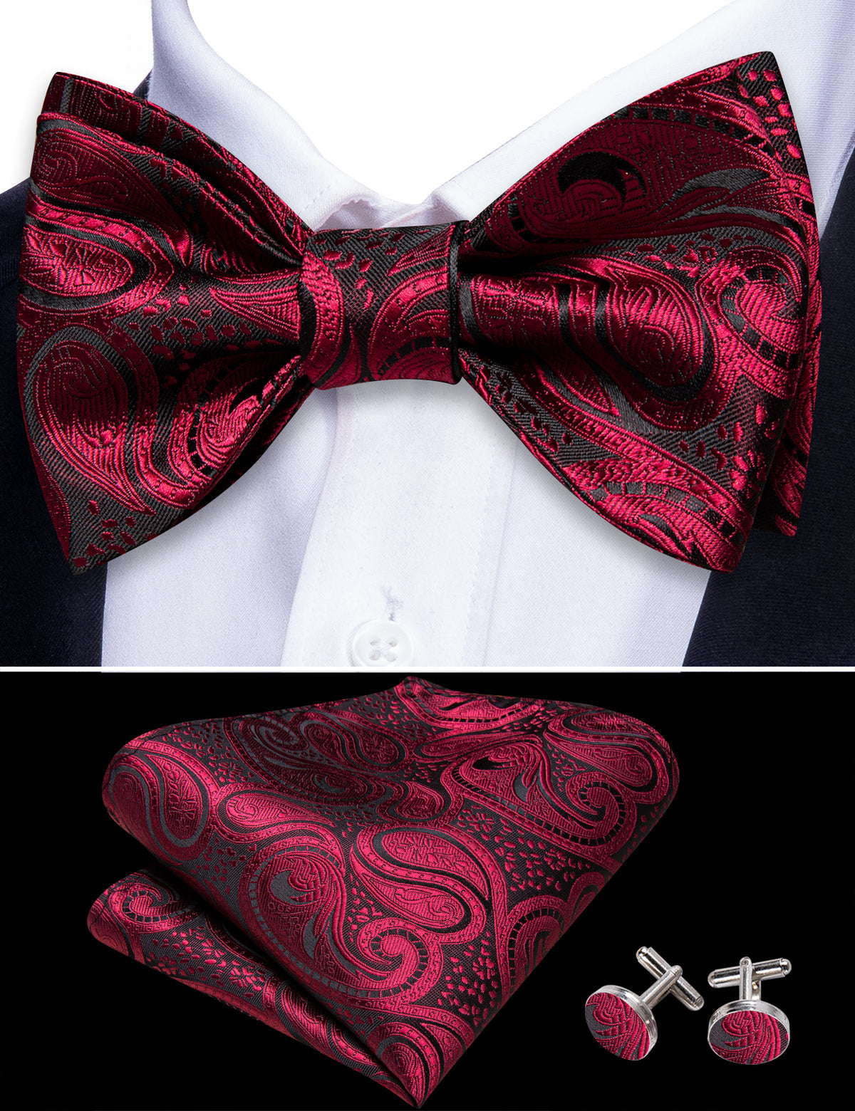 Black Red Paisley Bow Tie Set bow ties - Sophisticated Gentlemen
