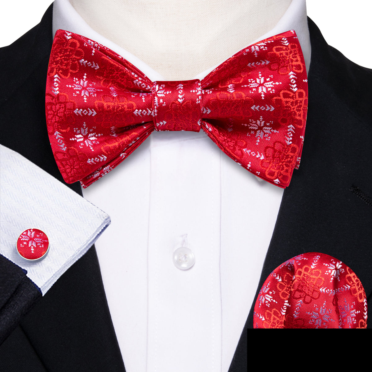 Red White Snowflake Pattern Silk Christmas Bow Tie Set bow ties - Sophisticated Gentlemen