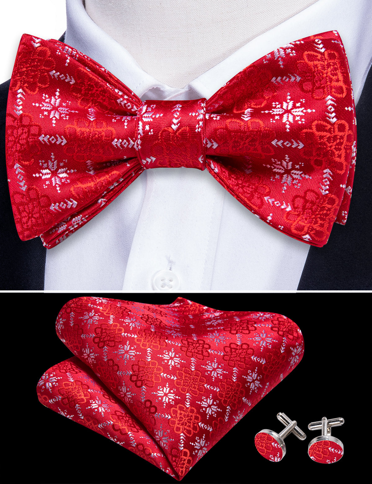 Red White Snowflake Pattern Silk Christmas Bow Tie Set bow ties - Sophisticated Gentlemen