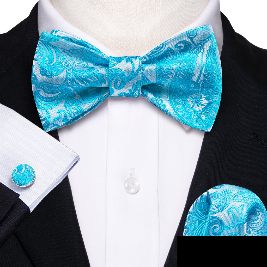 Blue and Silver Paisley Bow Tie Set bow ties - Sophisticated Gentlemen
