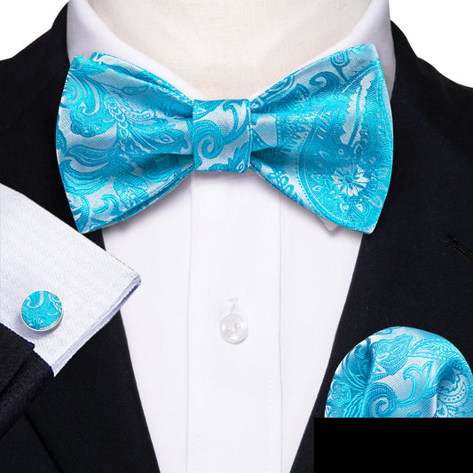Blue and Silver Paisley Bow Tie Set bow ties - Sophisticated Gentlemen