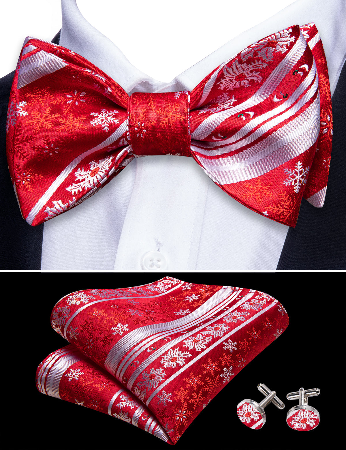 Red White Snowflake Christmas Bow Tie Set bow ties - Sophisticated Gentlemen