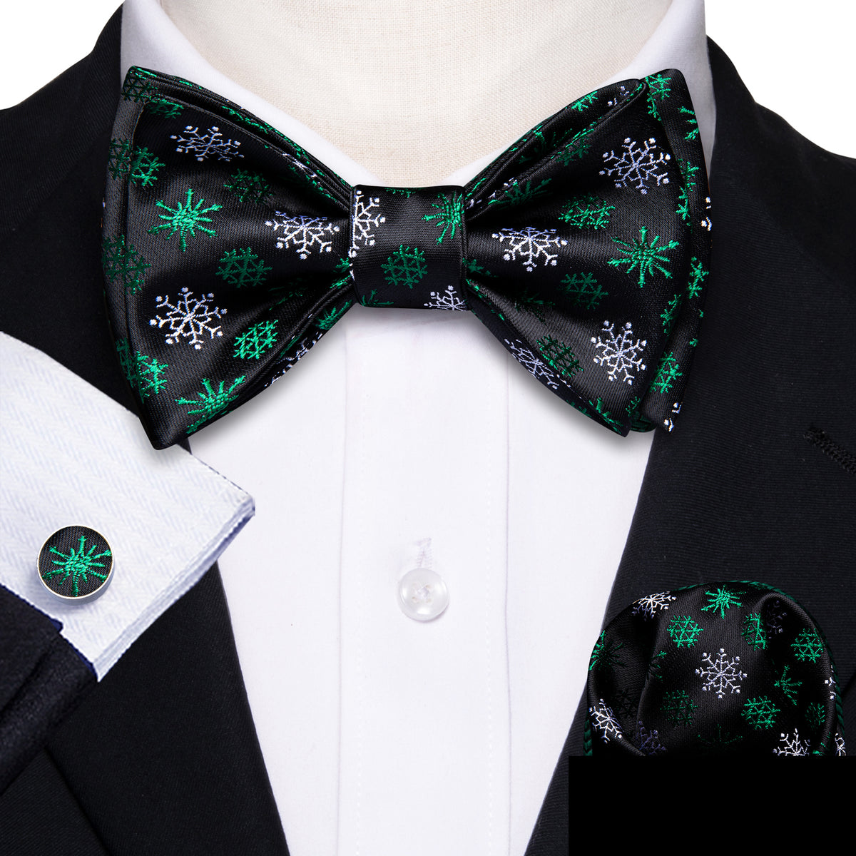 Black Green Snowflake Christmas Bow Tie Set bow ties - Sophisticated Gentlemen