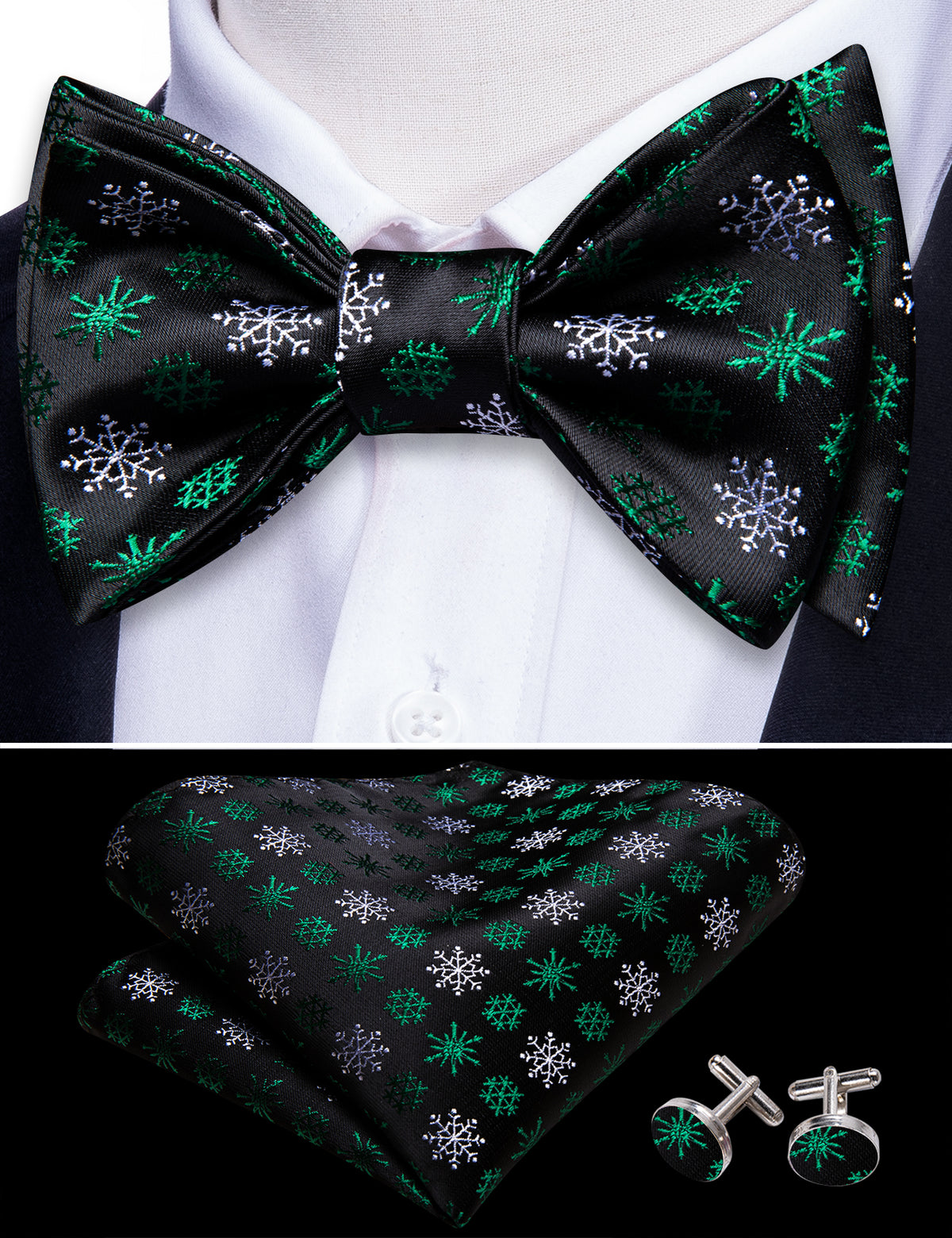 Black Green Snowflake Christmas Bow Tie Set bow ties - Sophisticated Gentlemen
