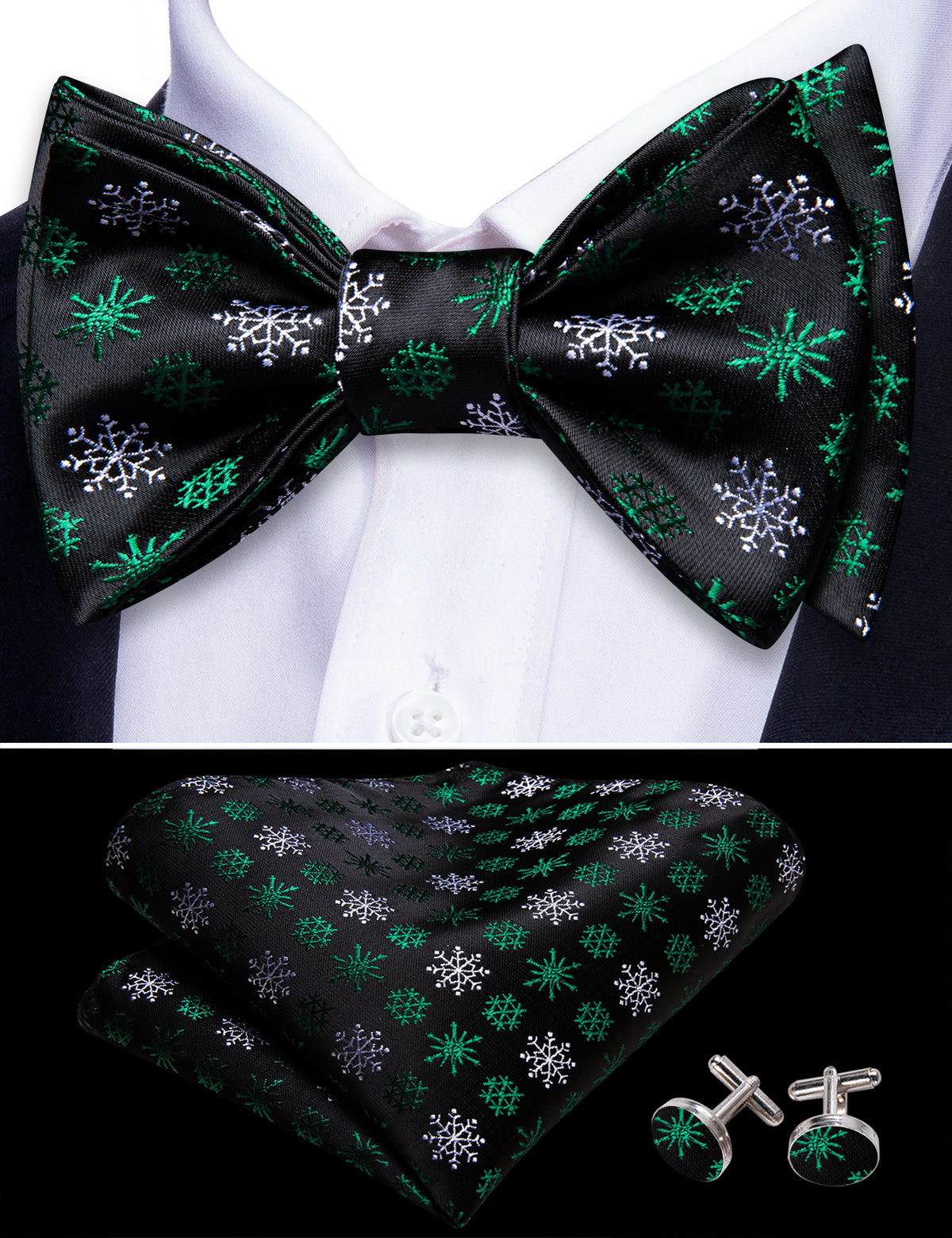 Black Green Snowflake Christmas Bow Tie Set bow ties - Sophisticated Gentlemen
