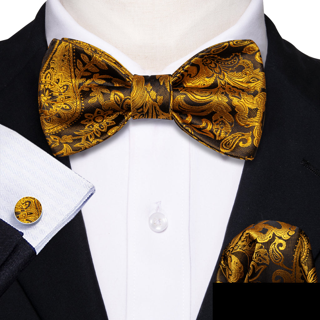 Black Gold Paisley Paisley Bow Tie Set bow ties    - Sophisticated Gentlemen