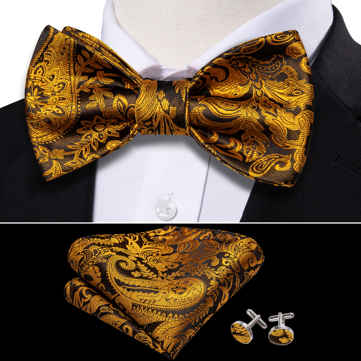 Black Gold Paisley Paisley Bow Tie Set bow ties - Sophisticated Gentlemen