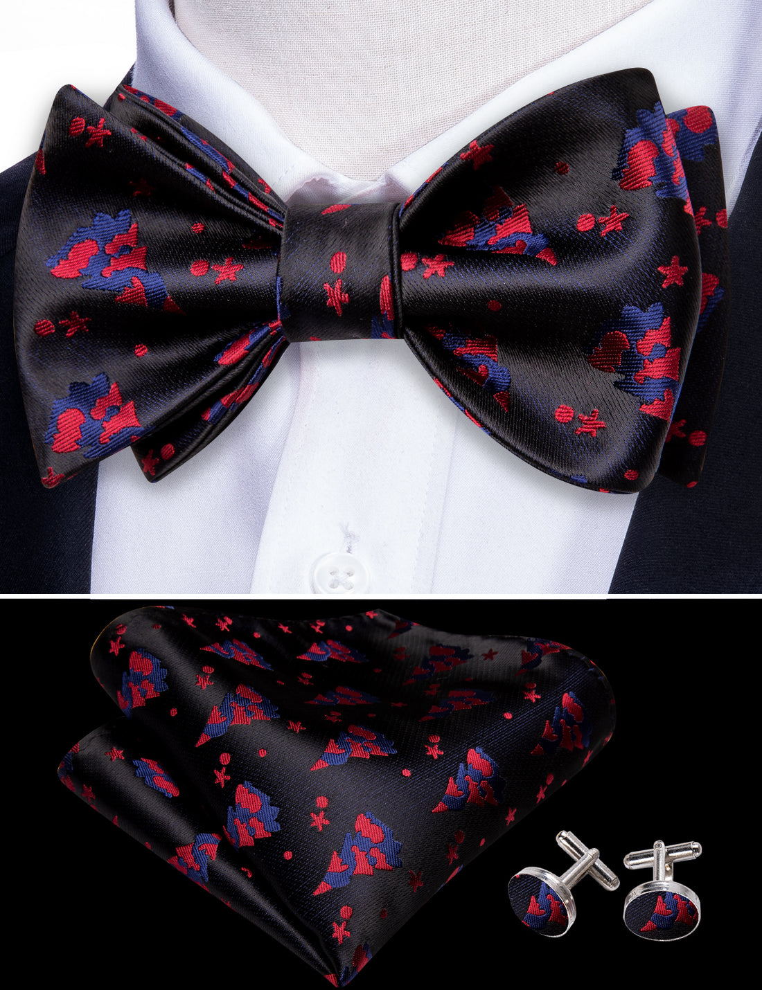 Black Red Tree Silk Christmas Bow Tie Set bow ties - Sophisticated Gentlemen