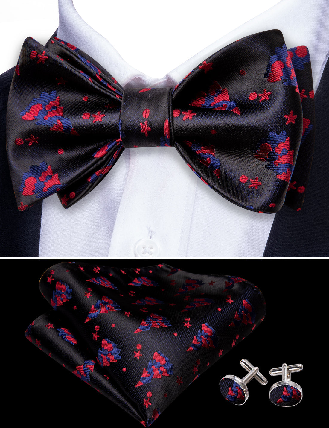 Black Red Tree Silk Christmas Bow Tie Set bow ties - Sophisticated Gentlemen
