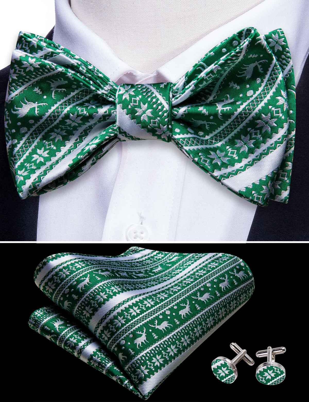 Green White Elk Christmas Bow Tie Set bow ties - Sophisticated Gentlemen