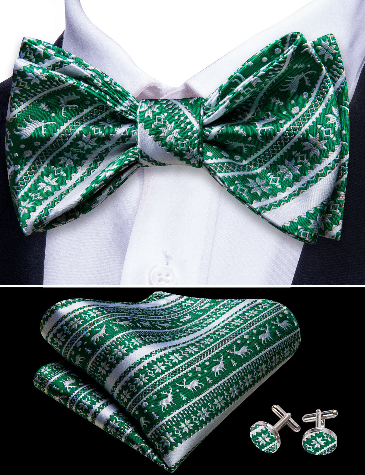 Green White Elk Christmas Bow Tie Set bow ties - Sophisticated Gentlemen