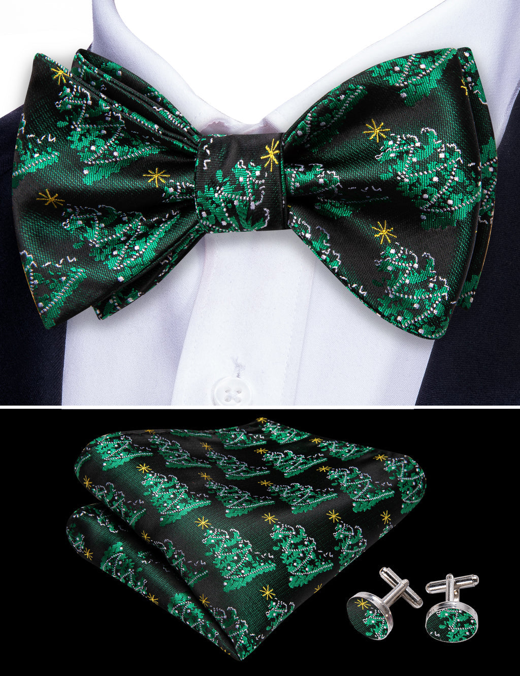 Green Christmas Tree Silk Bow Tie Set bow ties - Sophisticated Gentlemen