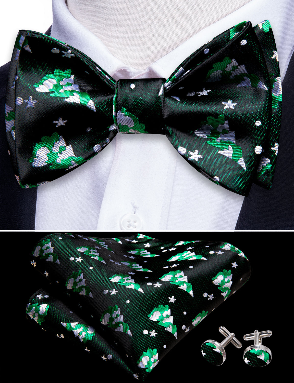 Black & Emerald Green Christmas Tree Bow Tie Set bow ties - Sophisticated Gentlemen