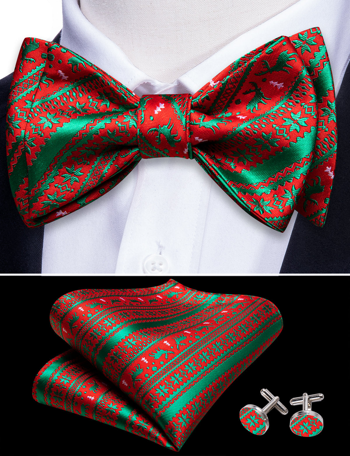 Green Red Xmas Elk Bow Tie Set bow ties - Sophisticated Gentlemen