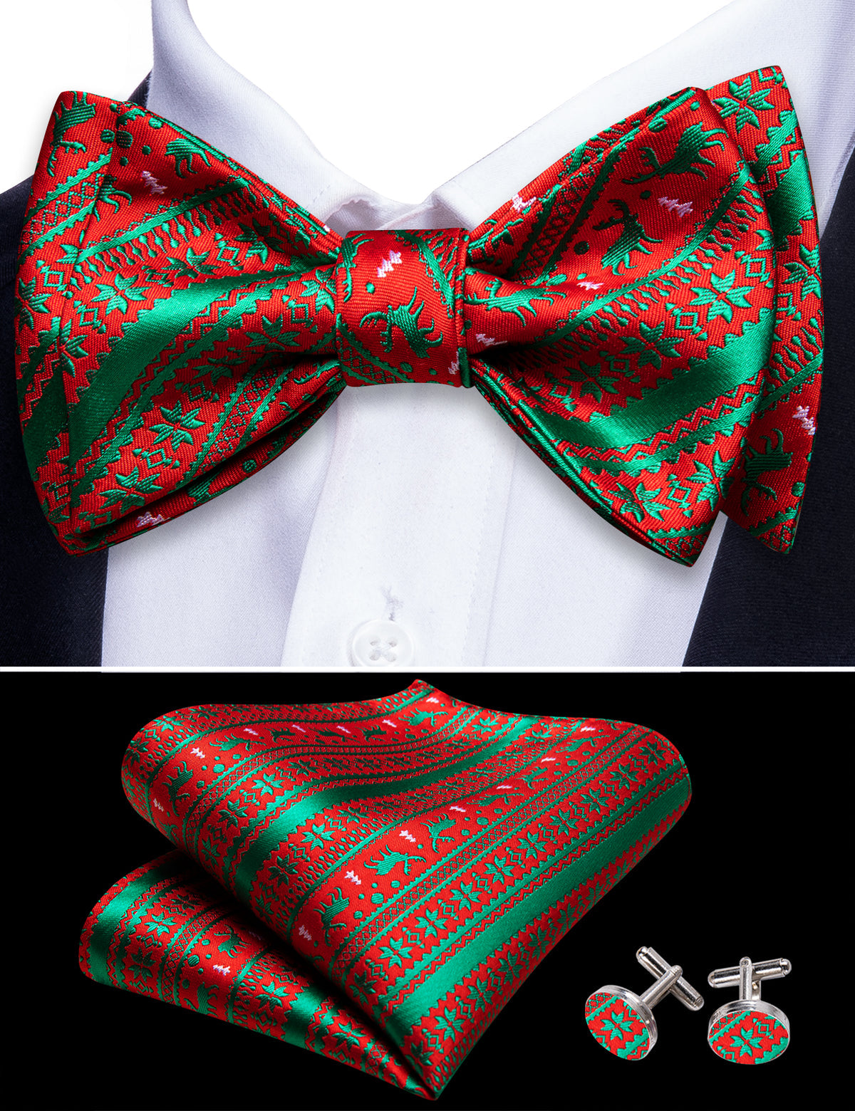Green Red Xmas Elk Bow Tie Set bow ties - Sophisticated Gentlemen