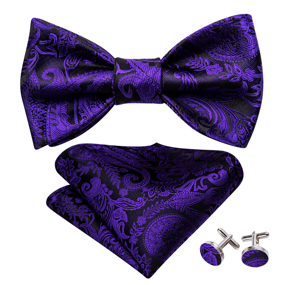 Purple Black Paisley Silk Bow Tie Set bow ties - Sophisticated Gentlemen