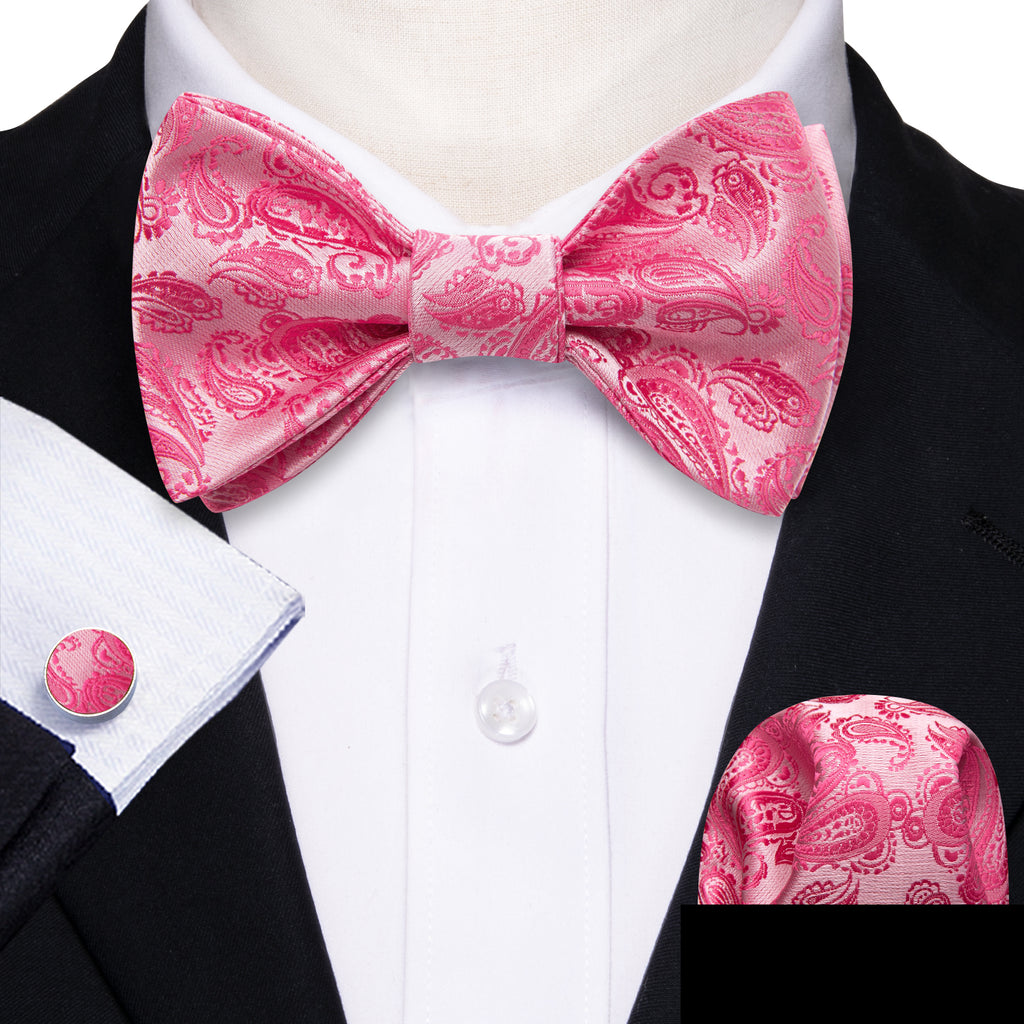Hot Pink Paisley Silk Bow Tie Set bow ties - Sophisticated Gentlemen