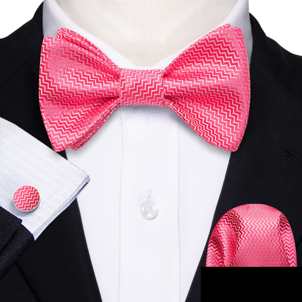 Pink Shock Striped Silk Bow Tie Set bow ties - Sophisticated Gentlemen