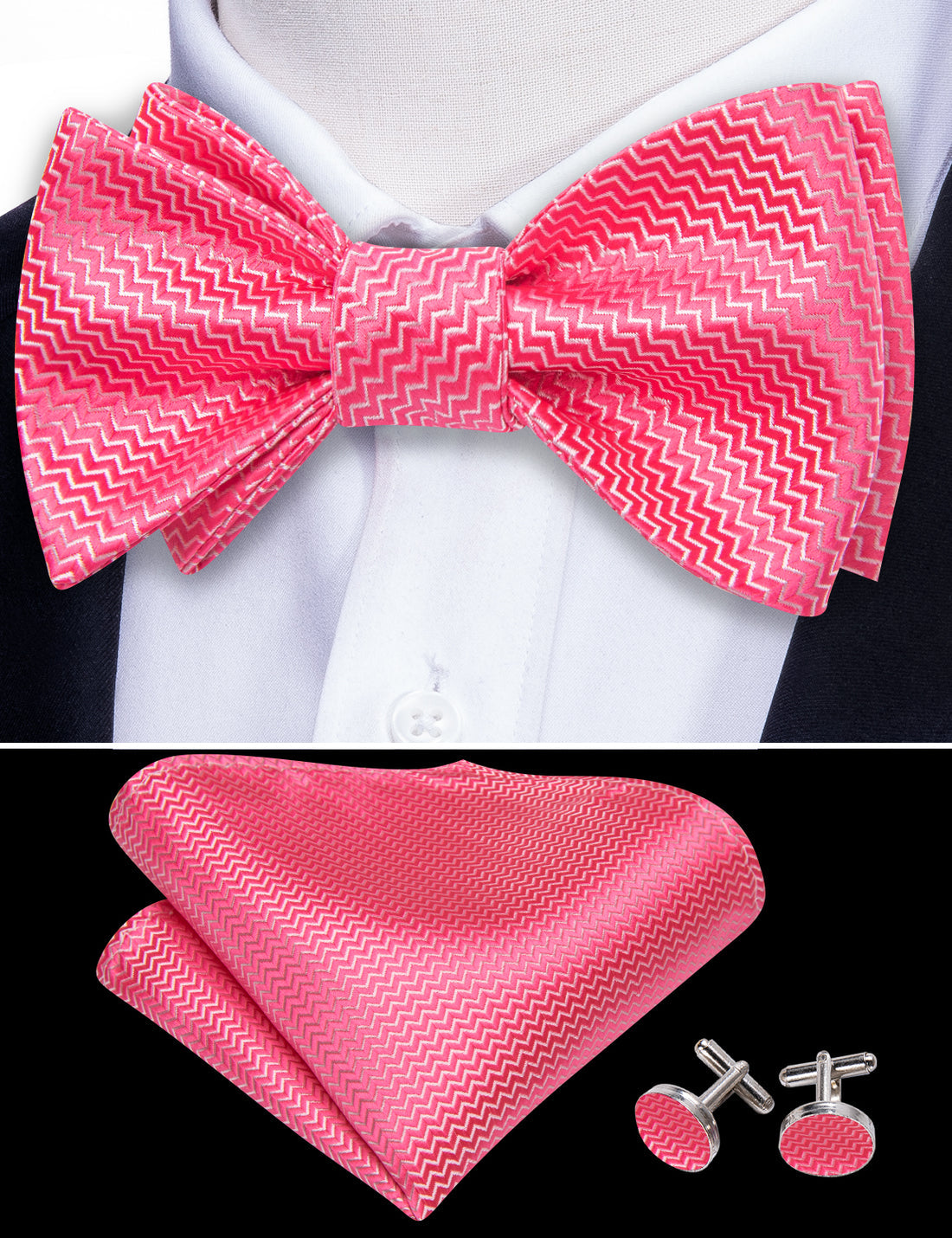 Pink Shock Striped Silk Bow Tie Set bow ties - Sophisticated Gentlemen