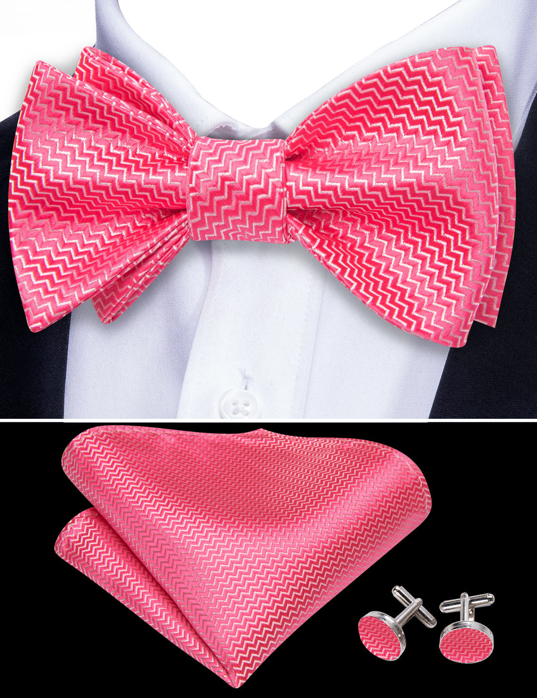 Pink Shock Striped Silk Bow Tie Set bow ties - Sophisticated Gentlemen