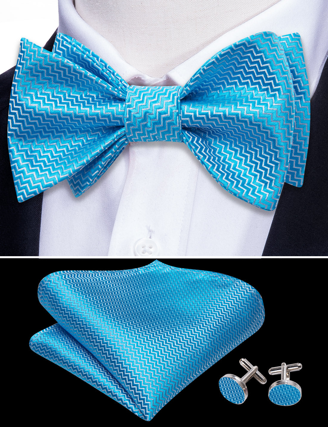 Sky Blue Striped Silk Bow Tie Set bow ties - Sophisticated Gentlemen
