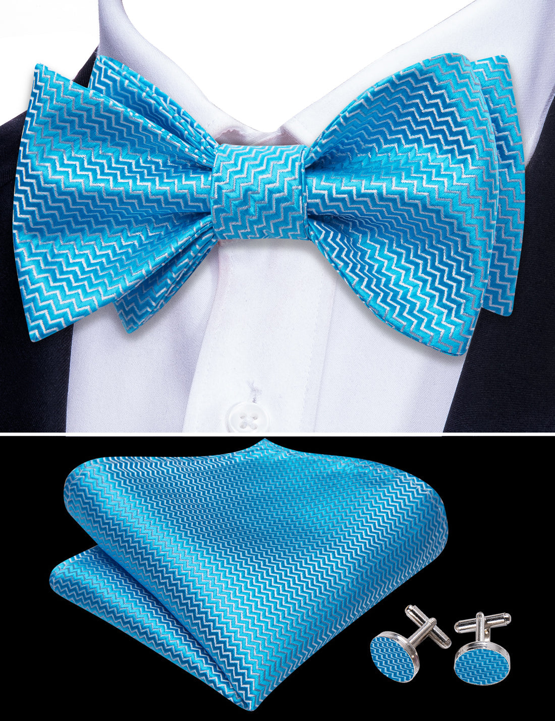 Sky Blue Striped Silk Bow Tie Set bow ties - Sophisticated Gentlemen