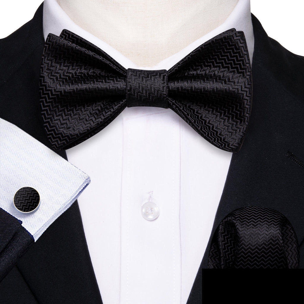 Black Striped Silk Bow Tie Set bow ties - Sophisticated Gentlemen