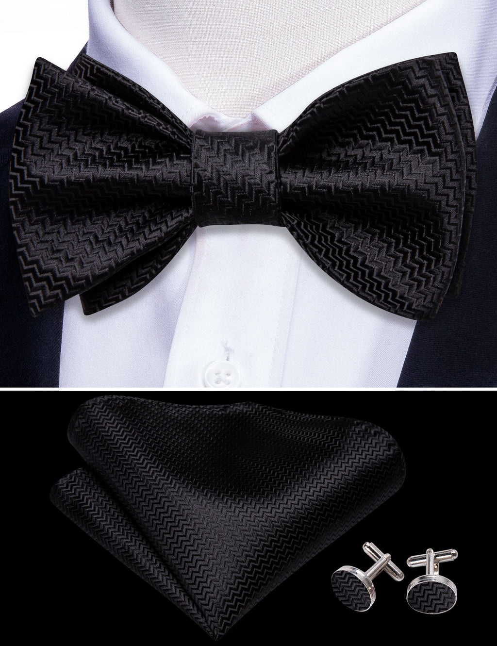 Black Striped Silk Bow Tie Set bow ties - Sophisticated Gentlemen