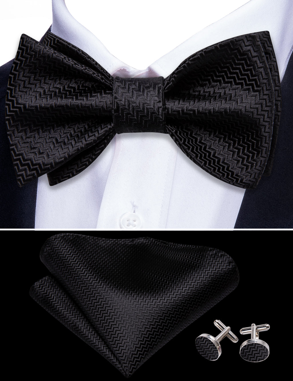 Black Striped Silk Bow Tie Set bow ties - Sophisticated Gentlemen